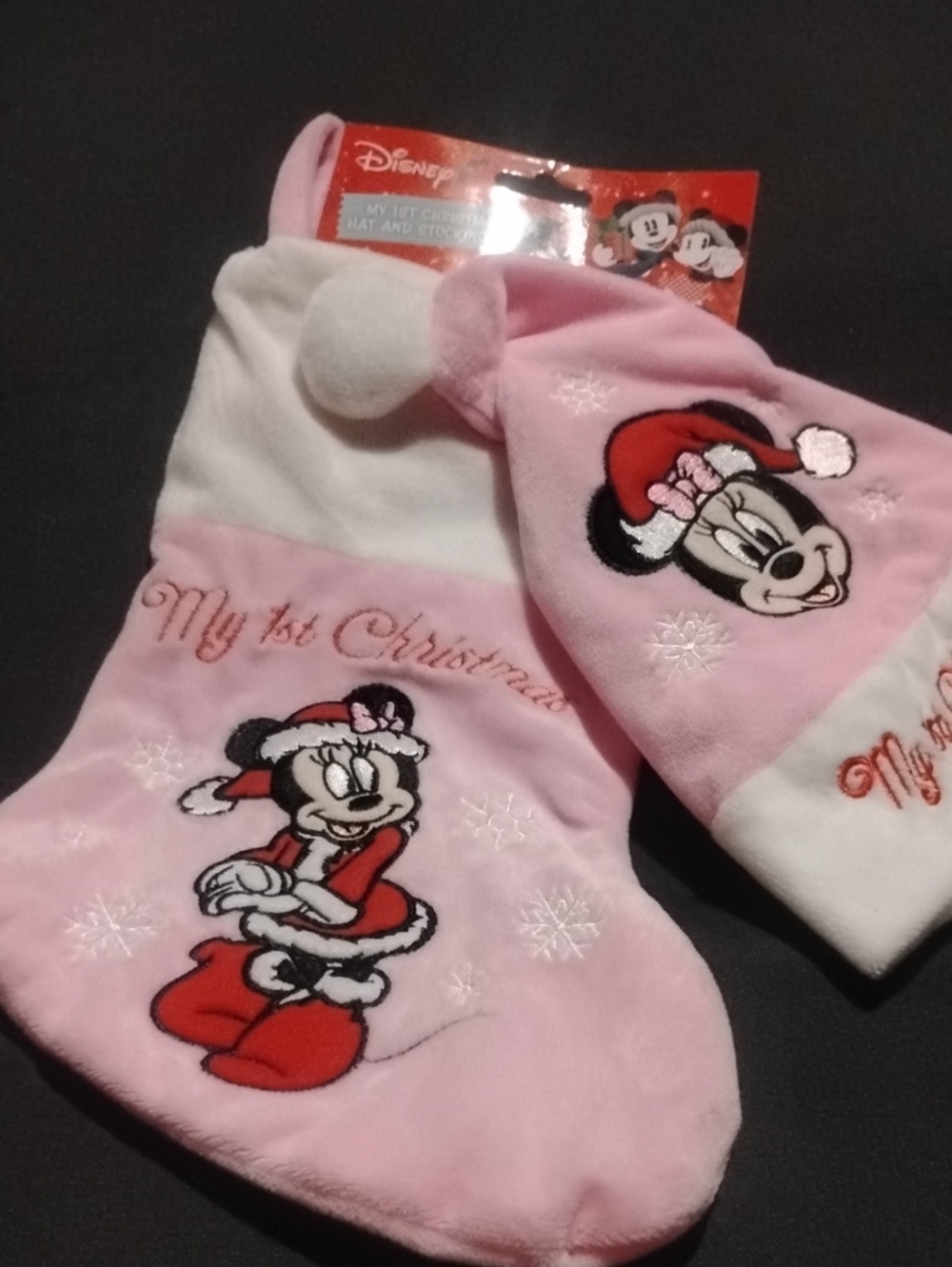 Disney Pink Minnie Mouse My 1st Christmas Hat and Stocking Set